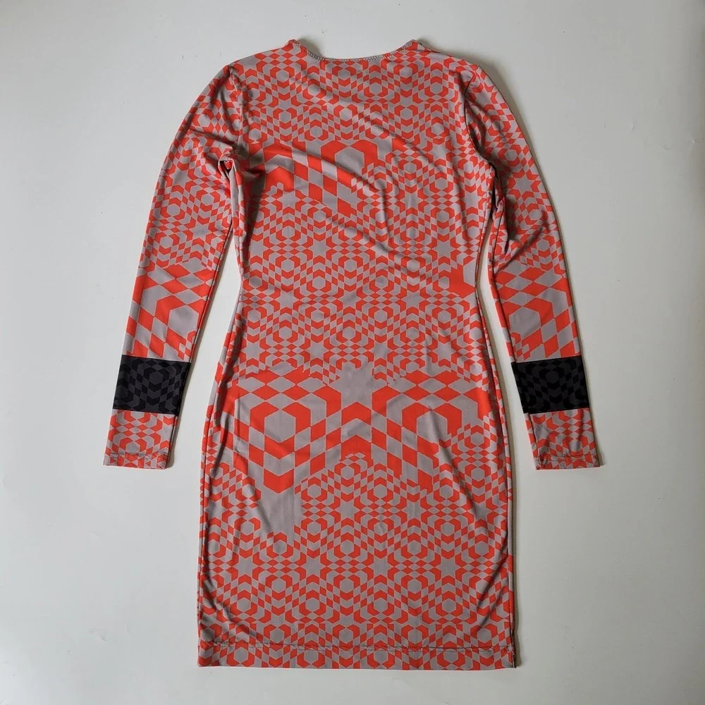 Preen by Thornton Bregazzi Dress Orange Printed Jersey Knit Long Sleeve‎ Bodycon